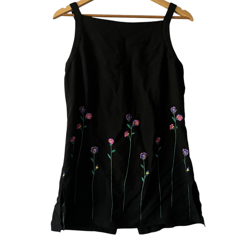 Vintage John Roberts Black Floral Embroidered‎ Sleeveless Button Tank Top Blouse